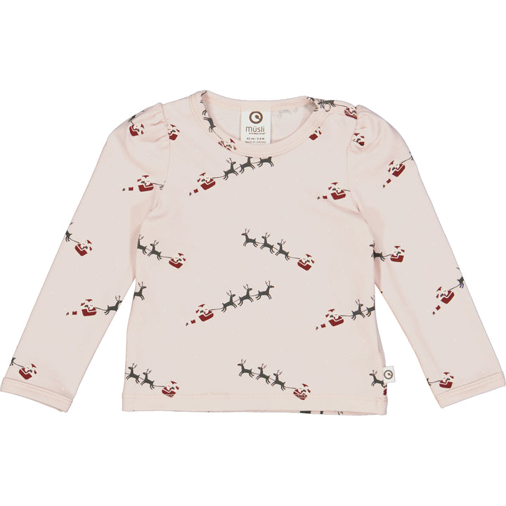 SANTA puff sleeve top with Christmas print